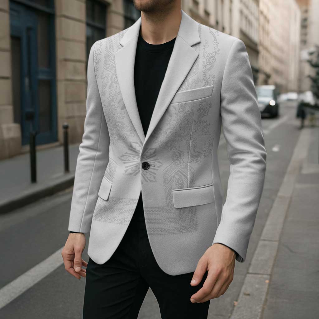 Philippines Barong Style Blazer with Polynesian Art and Leaf Motif White Color LT03 - Polynesian Pride