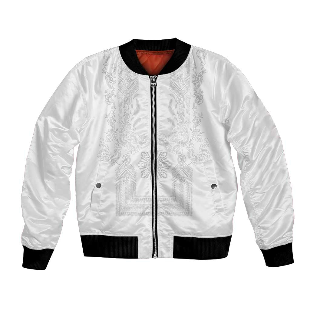Philippines Barong Style Bomber Jacket with Polynesian Art and Leaf Motif White Color