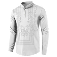 Philippines Barong Style Button Sweatshirt with Polynesian Art and Leaf Motif White Color