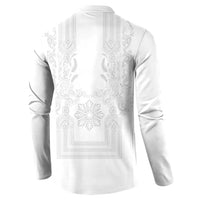 Philippines Barong Style Button Sweatshirt with Polynesian Art and Leaf Motif White Color