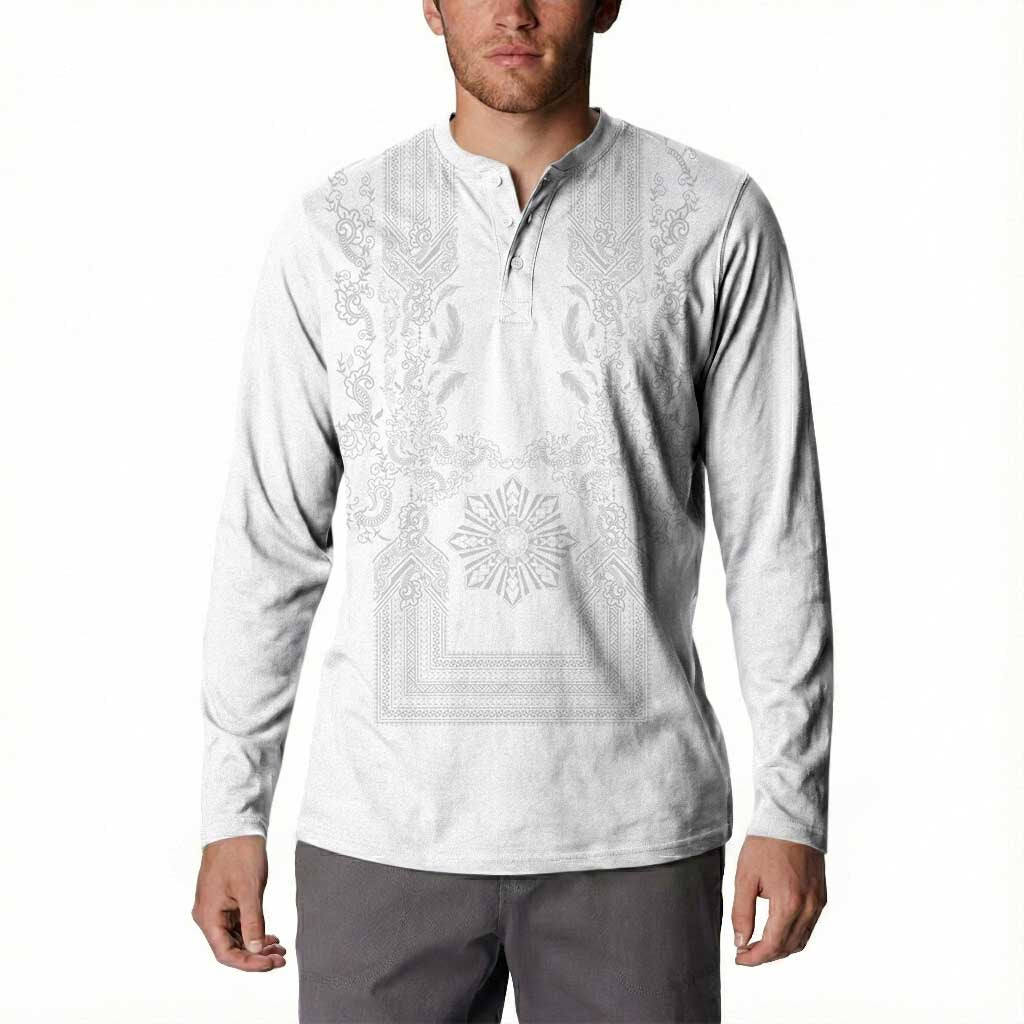 Philippines Barong Style Button Sweatshirt with Polynesian Art and Leaf Motif White Color