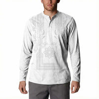Philippines Barong Style Button Sweatshirt with Polynesian Art and Leaf Motif White Color