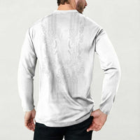 Philippines Barong Style Button Sweatshirt with Polynesian Art and Leaf Motif White Color