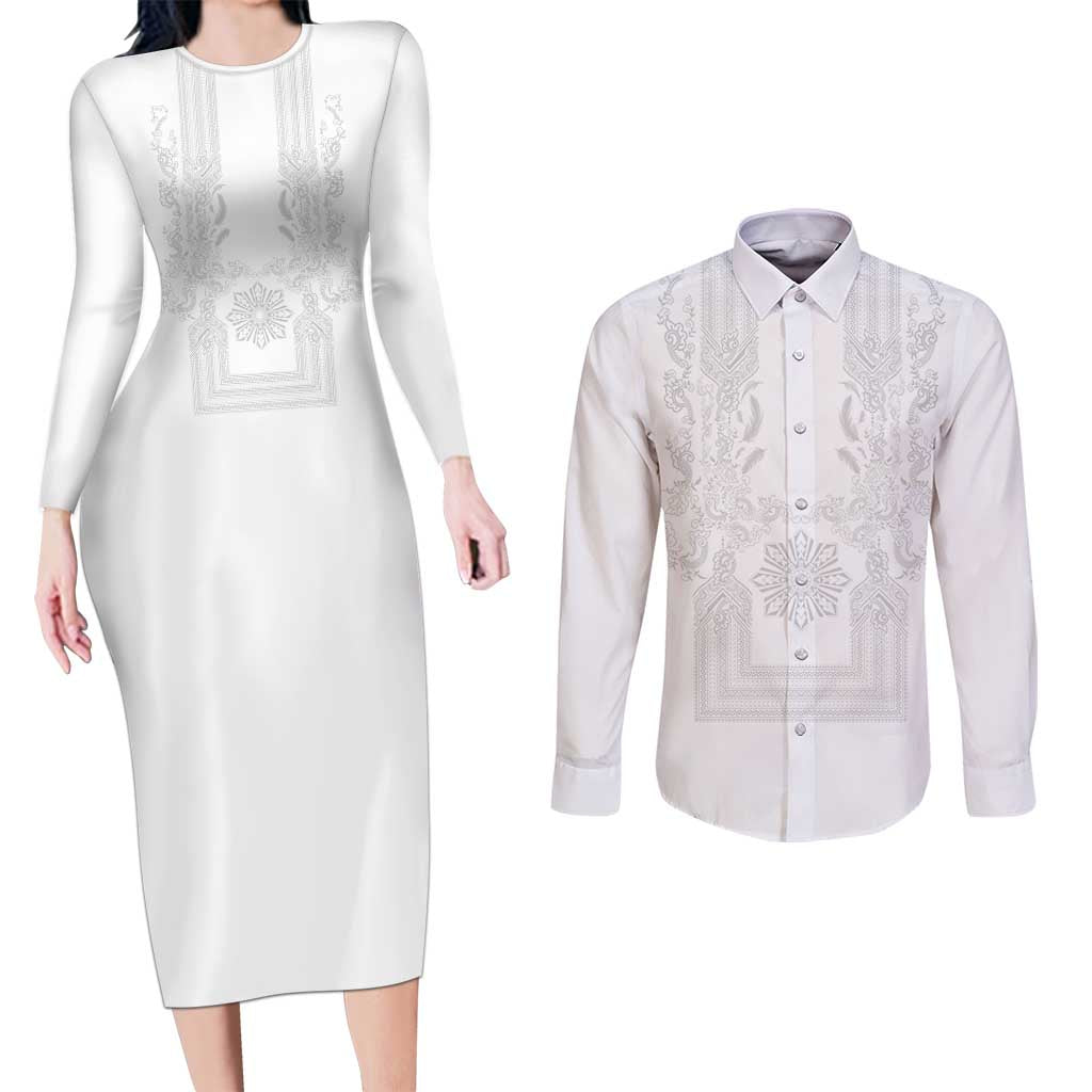 Philippines Barong Style Couples Matching Long Sleeve Bodycon Dress and Long Sleeve Button Shirt with Polynesian Art and Leaf Motif White Color LT03 White - Polynesian Pride