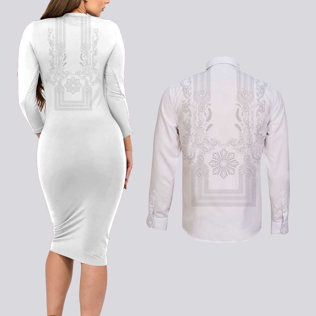 Philippines Barong Style Couples Matching Long Sleeve Bodycon Dress and Long Sleeve Button Shirt with Polynesian Art and Leaf Motif White Color LT03 - Polynesian Pride