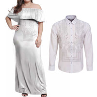 Philippines Barong Style Couples Matching Off Shoulder Maxi Dress and Long Sleeve Button Shirt with Polynesian Art and Leaf Motif White Color LT03 White - Polynesian Pride