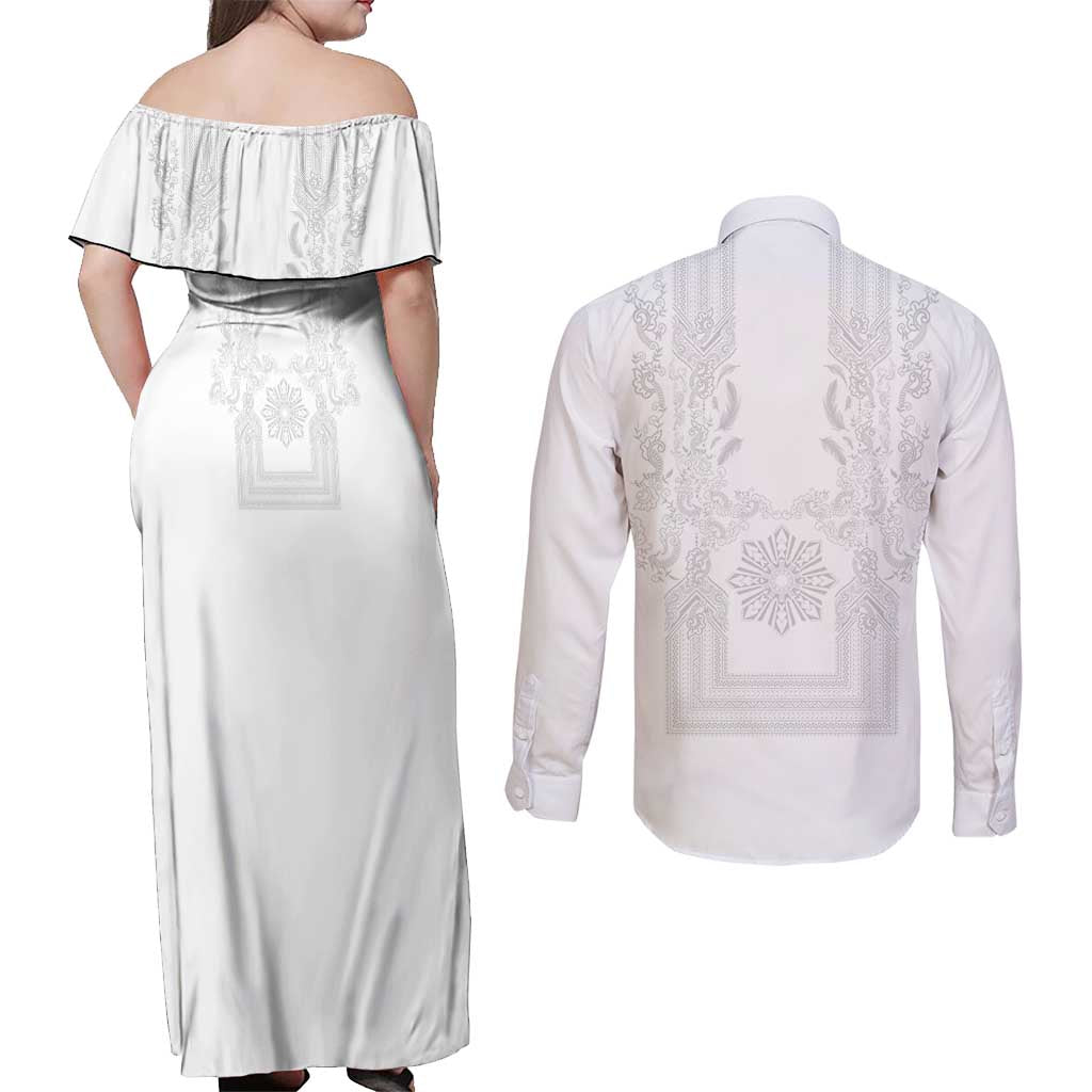 Philippines Barong Style Couples Matching Off Shoulder Maxi Dress and Long Sleeve Button Shirt with Polynesian Art and Leaf Motif White Color LT03 - Polynesian Pride