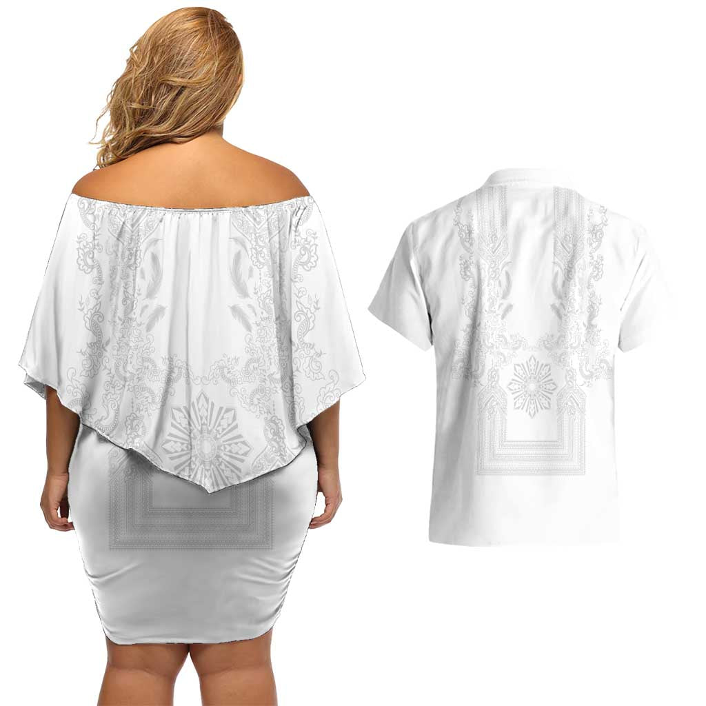 Philippines Barong Style Couples Matching Off Shoulder Short Dress and Hawaiian Shirt with Polynesian Art and Leaf Motif White Color LT03 - Polynesian Pride