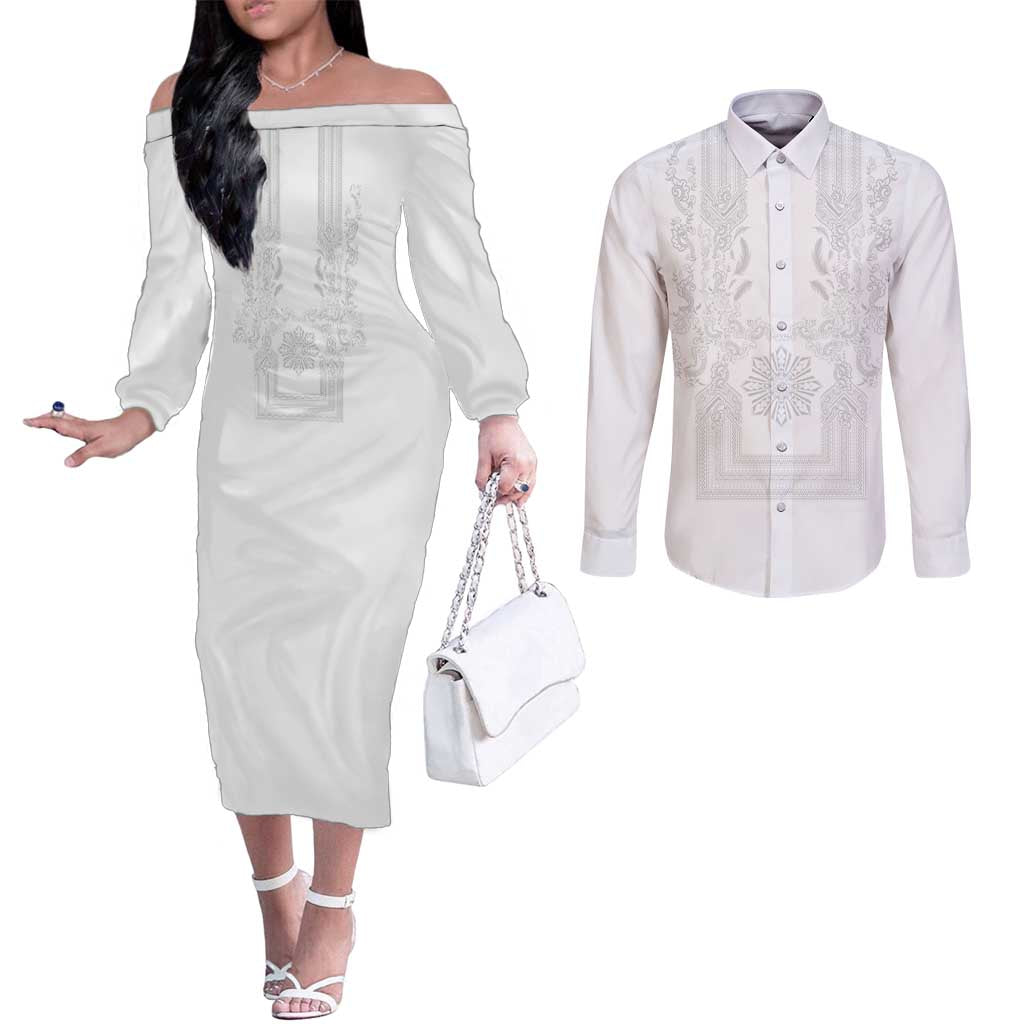 Philippines Barong Style Couples Matching Off The Shoulder Long Sleeve Dress and Long Sleeve Button Shirt with Polynesian Art and Leaf Motif White Color LT03 White - Polynesian Pride