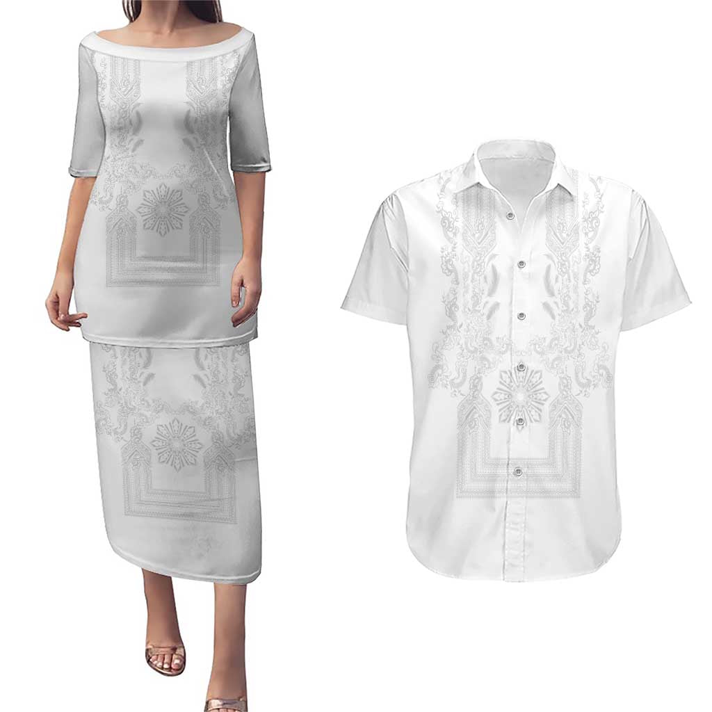 Philippines Barong Style Couples Matching Puletasi and Hawaiian Shirt with Polynesian Art and Leaf Motif White Color