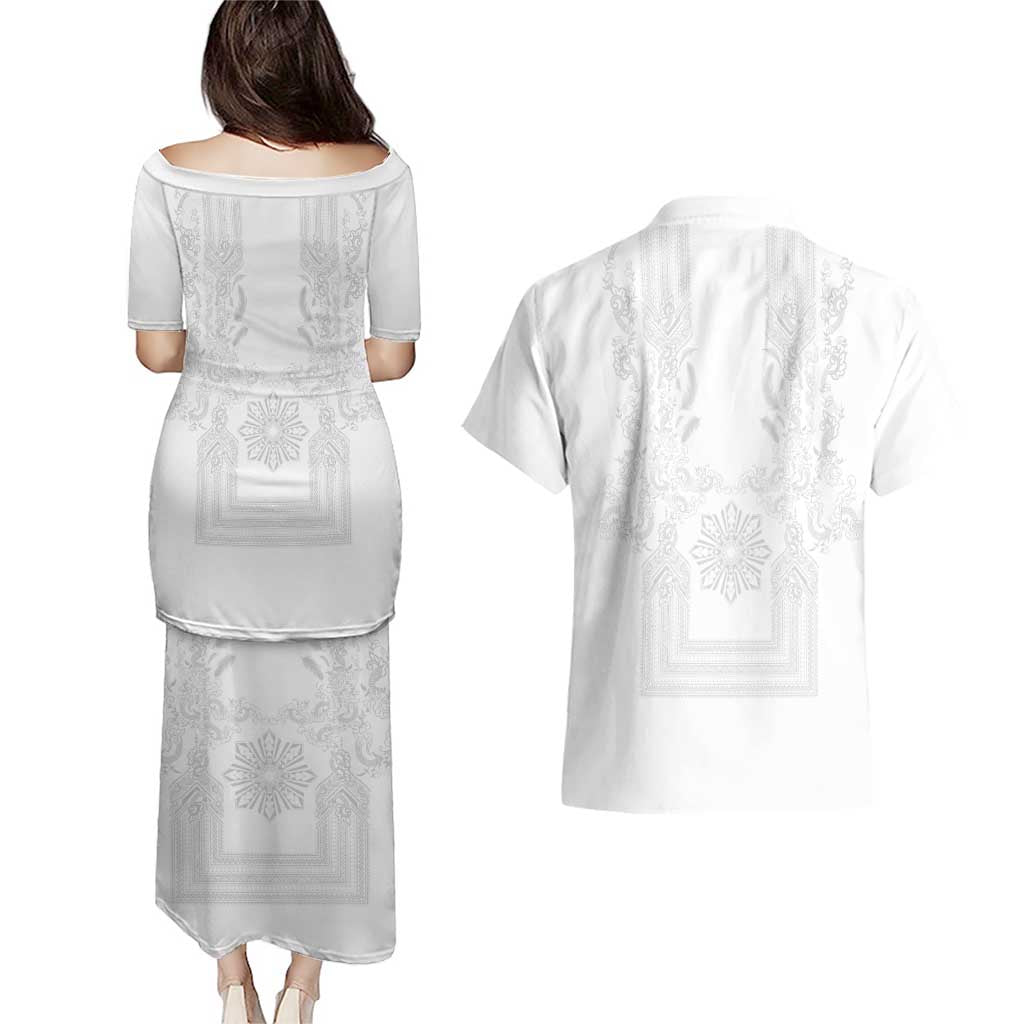 Philippines Barong Style Couples Matching Puletasi and Hawaiian Shirt with Polynesian Art and Leaf Motif White Color LT03 - Polynesian Pride