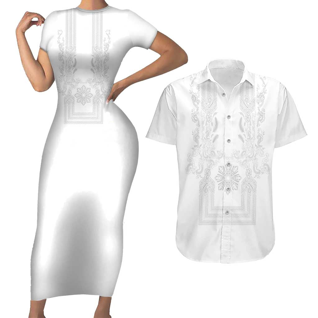 Philippines Barong Style Couples Matching Short Sleeve Bodycon Dress and Hawaiian Shirt with Polynesian Art and Leaf Motif White Color