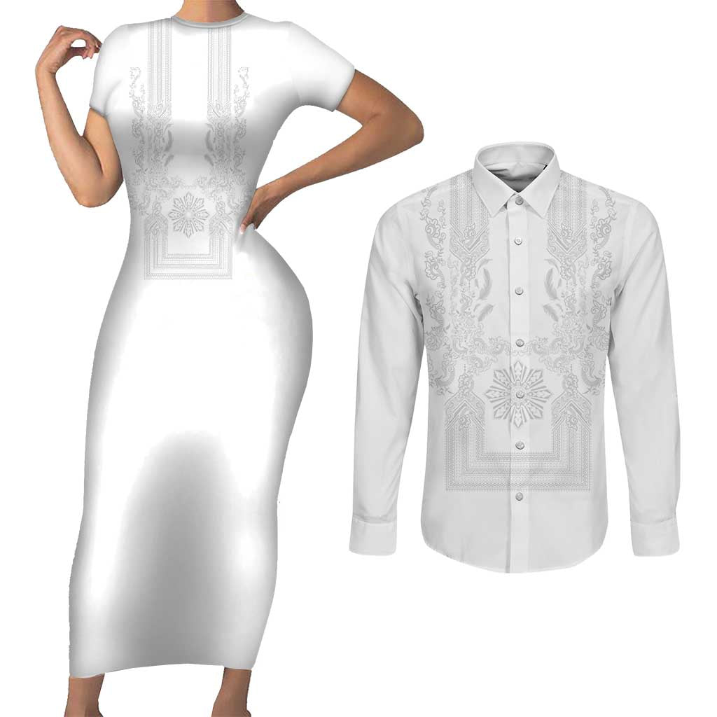 Philippines Barong Style Couples Matching Short Sleeve Bodycon Dress and Long Sleeve Button Shirt with Polynesian Art and Leaf Motif White Color