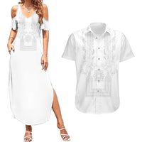 Philippines Barong Style Couples Matching Summer Maxi Dress and Hawaiian Shirt with Polynesian Art and Leaf Motif White Color LT03 White - Polynesian Pride