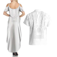 Philippines Barong Style Couples Matching Summer Maxi Dress and Hawaiian Shirt with Polynesian Art and Leaf Motif White Color LT03 - Polynesian Pride