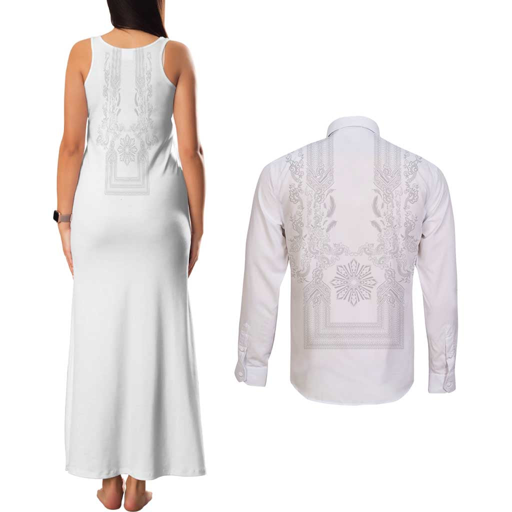 Philippines Barong Style Couples Matching Tank Maxi Dress and Long Sleeve Button Shirt with Polynesian Art and Leaf Motif White Color LT03 - Polynesian Pride