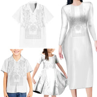 Philippines Barong Style Family Matching Long Sleeve Bodycon Dress and Hawaiian Shirt with Polynesian Art and Leaf Motif White Color LT03 - Polynesian Pride