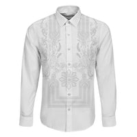 Philippines Barong Style Family Matching Off Shoulder Maxi Dress and Hawaiian Shirt with Polynesian Art and Leaf Motif White Color LT03 Dad's Shirt - Long Sleeve White - Polynesian Pride
