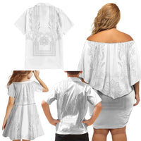 Philippines Barong Style Family Matching Off Shoulder Short Dress and Hawaiian Shirt with Polynesian Art and Leaf Motif White Color LT03 - Polynesian Pride