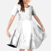 Philippines Barong Style Family Matching Short Sleeve Bodycon Dress and Hawaiian Shirt with Polynesian Art and Leaf Motif White Color LT03 Daughter's Dress White - Polynesian Pride