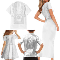 Philippines Barong Style Family Matching Short Sleeve Bodycon Dress and Hawaiian Shirt with Polynesian Art and Leaf Motif White Color LT03 - Polynesian Pride