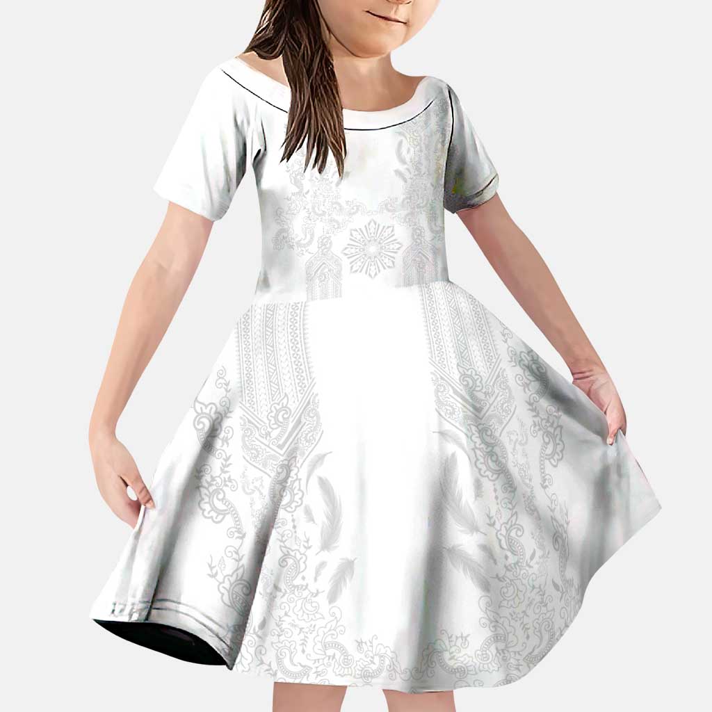 Philippines Barong Style Family Matching Summer Maxi Dress and Hawaiian Shirt with Polynesian Art and Leaf Motif White Color LT03 Daughter's Dress White - Polynesian Pride