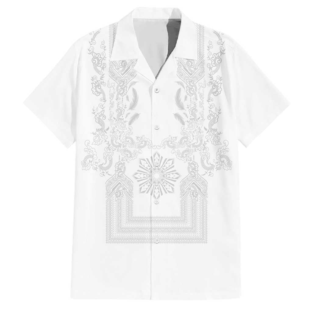 Philippines Barong Style Family Matching Summer Maxi Dress and Hawaiian Shirt with Polynesian Art and Leaf Motif White Color LT03 Dad's Shirt - Short Sleeve White - Polynesian Pride