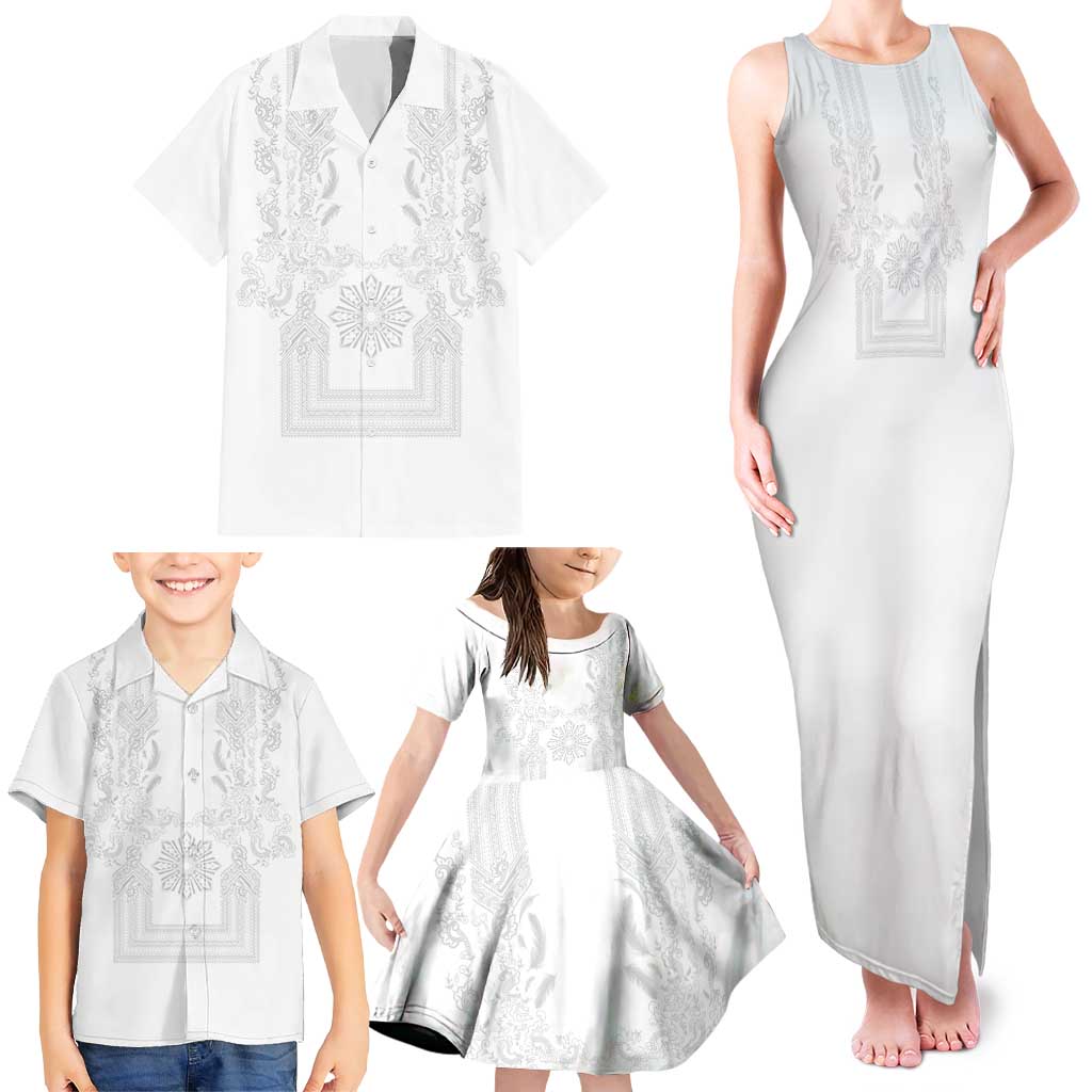 Philippines Barong Style Family Matching Tank Maxi Dress and Hawaiian Shirt with Polynesian Art and Leaf Motif White Color