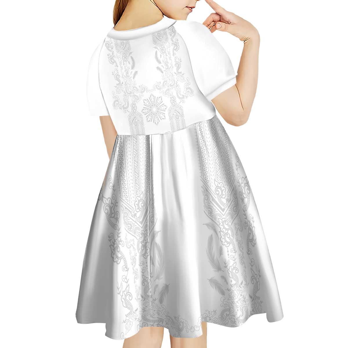 Philippines Barong Style Kid Short Sleeve Dress with Polynesian Art and Leaf Motif White Color