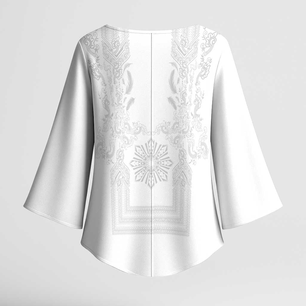 Philippines Barong Style Kimono Sleeve Blouse with Polynesian Art and Leaf Motif White Color