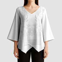 Philippines Barong Style Kimono Sleeve Blouse with Polynesian Art and Leaf Motif White Color