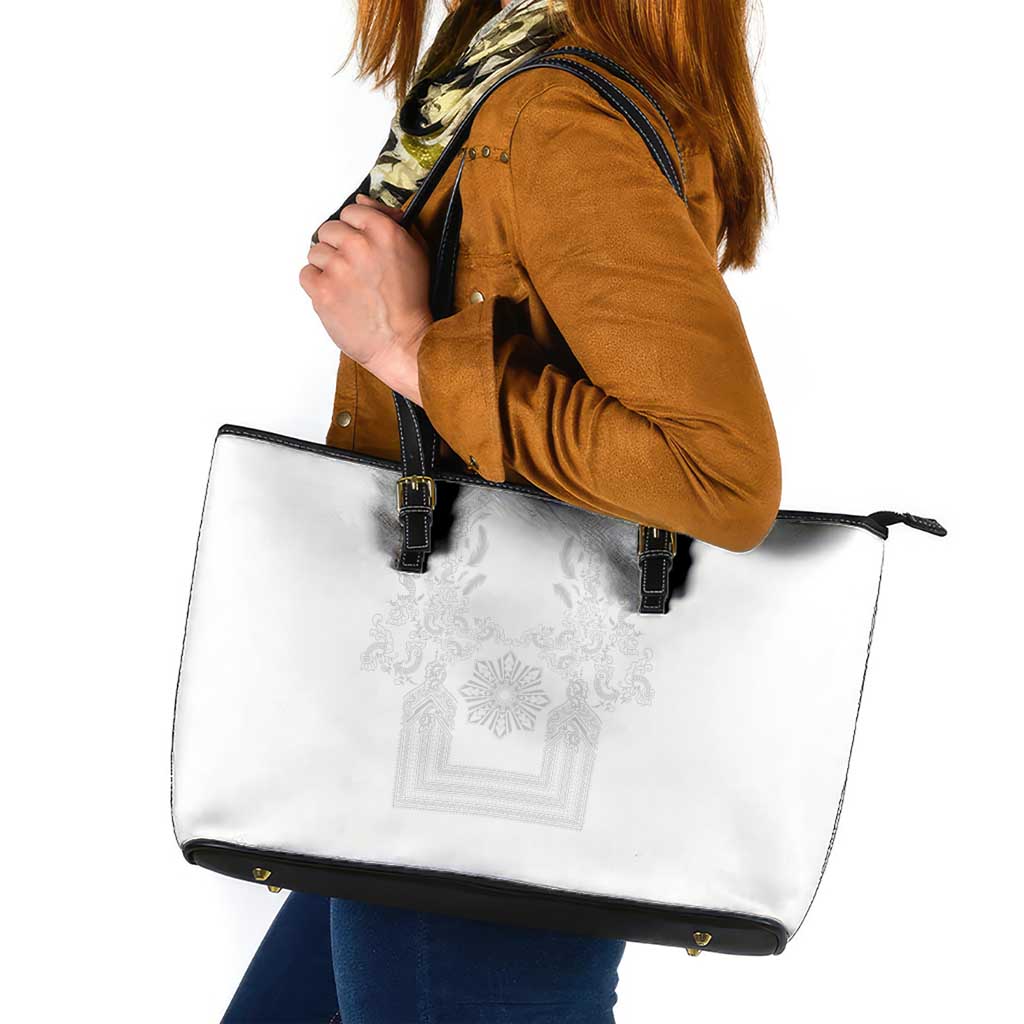 Philippines Barong Style Leather Tote Bag with Polynesian Art and Leaf Motif White Color LT03 White - Polynesian Pride