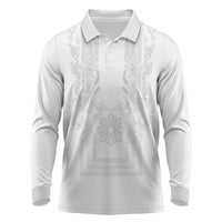 Philippines Barong Style Long Sleeve Polo Shirt with Polynesian Art and Leaf Motif White Color