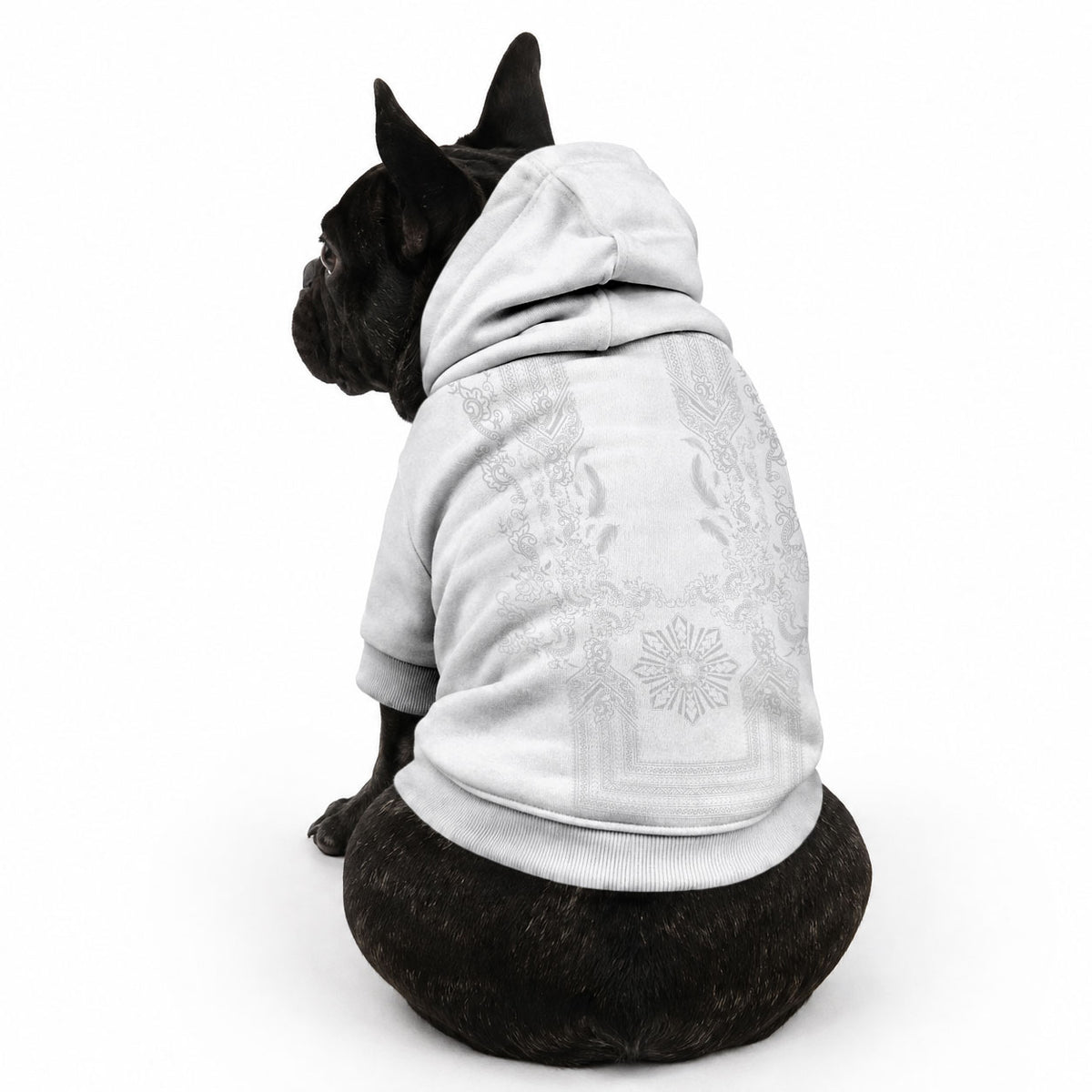 Philippines Barong Style Pet Hoodie with Polynesian Art and Leaf Motif White Color