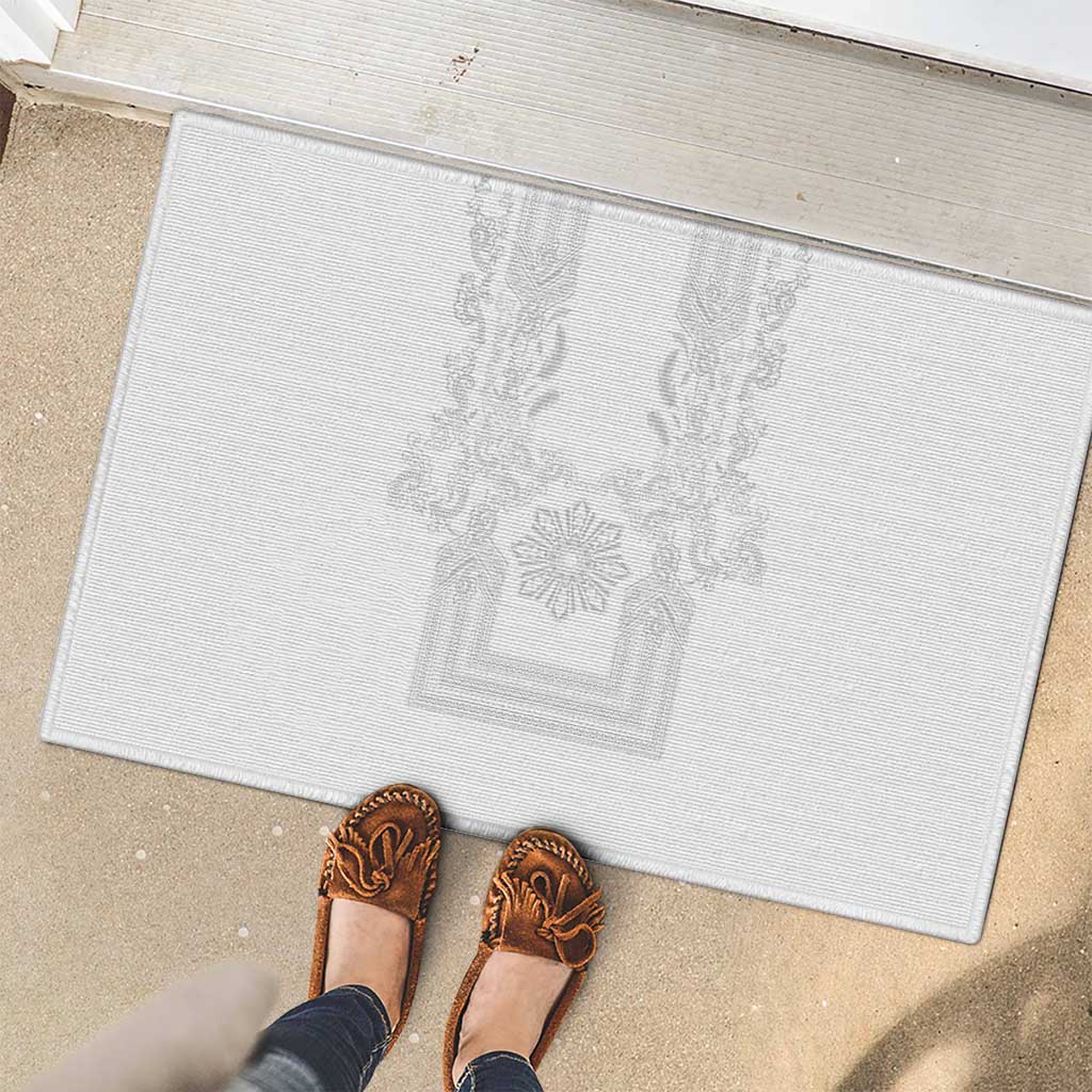 Philippines Barong Style Rubber Doormat with Polynesian Art and Leaf Motif White Color