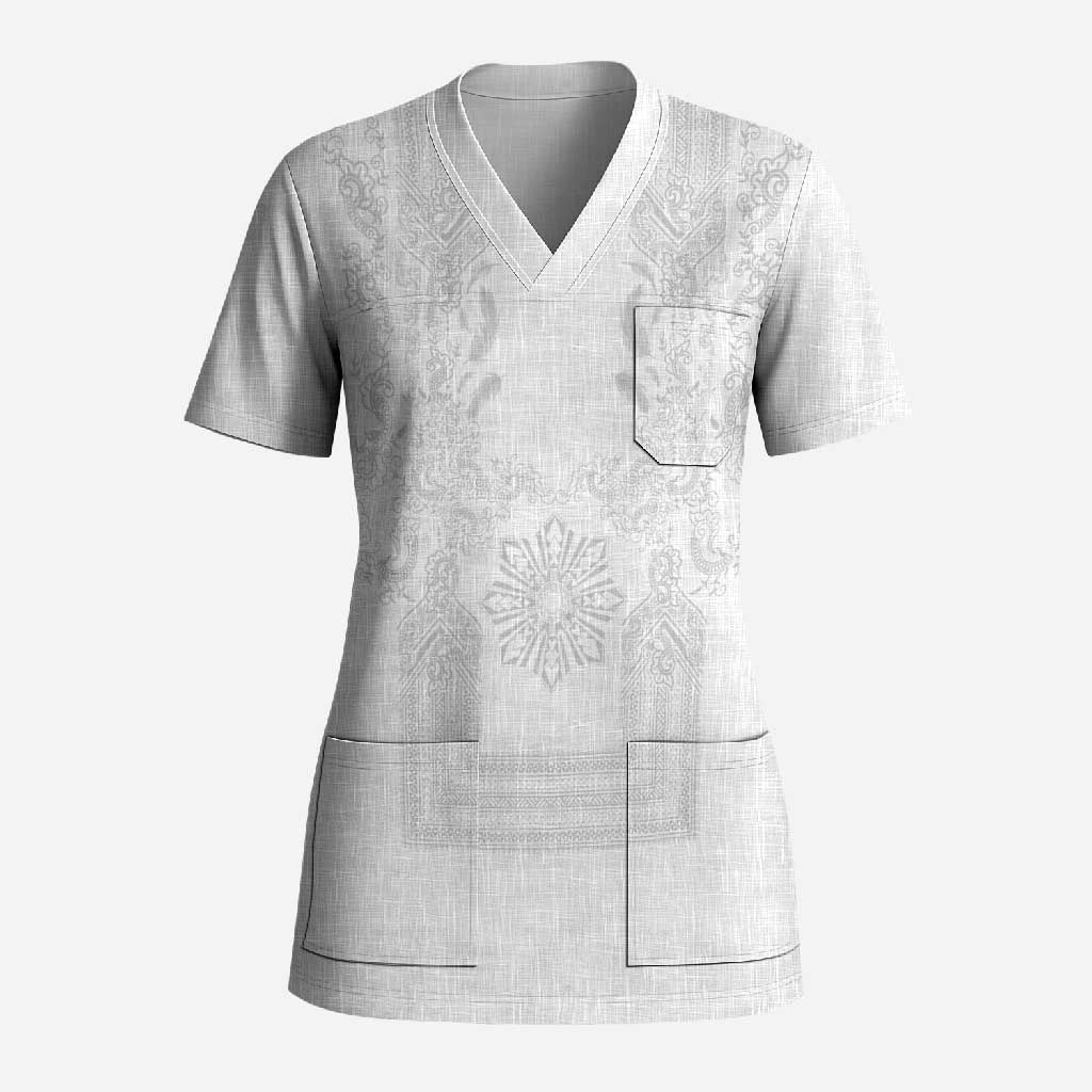 Philippines Barong Style Scrub Top with Polynesian Art and Leaf Motif White Color