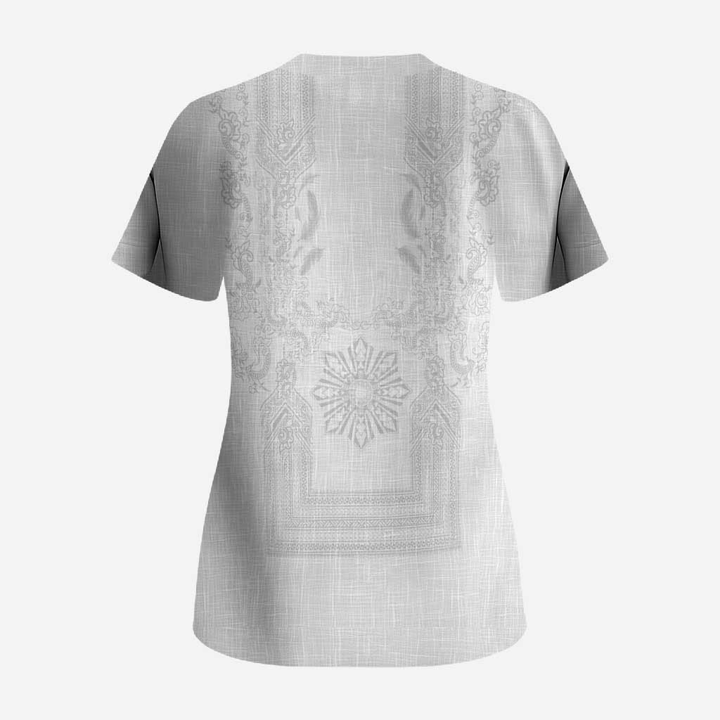 Philippines Barong Style Scrub Top with Polynesian Art and Leaf Motif White Color