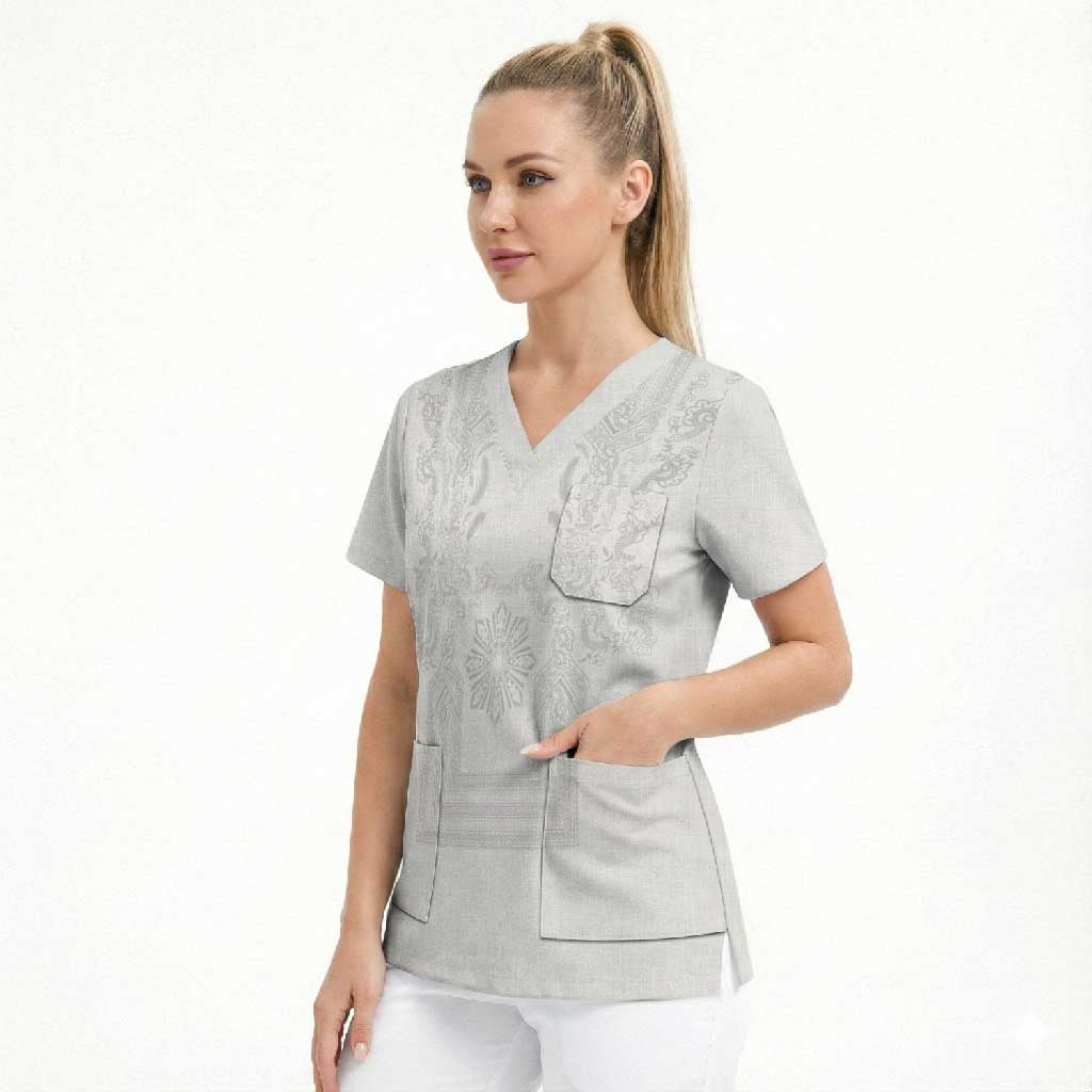 Philippines Barong Style Scrub Top with Polynesian Art and Leaf Motif White Color