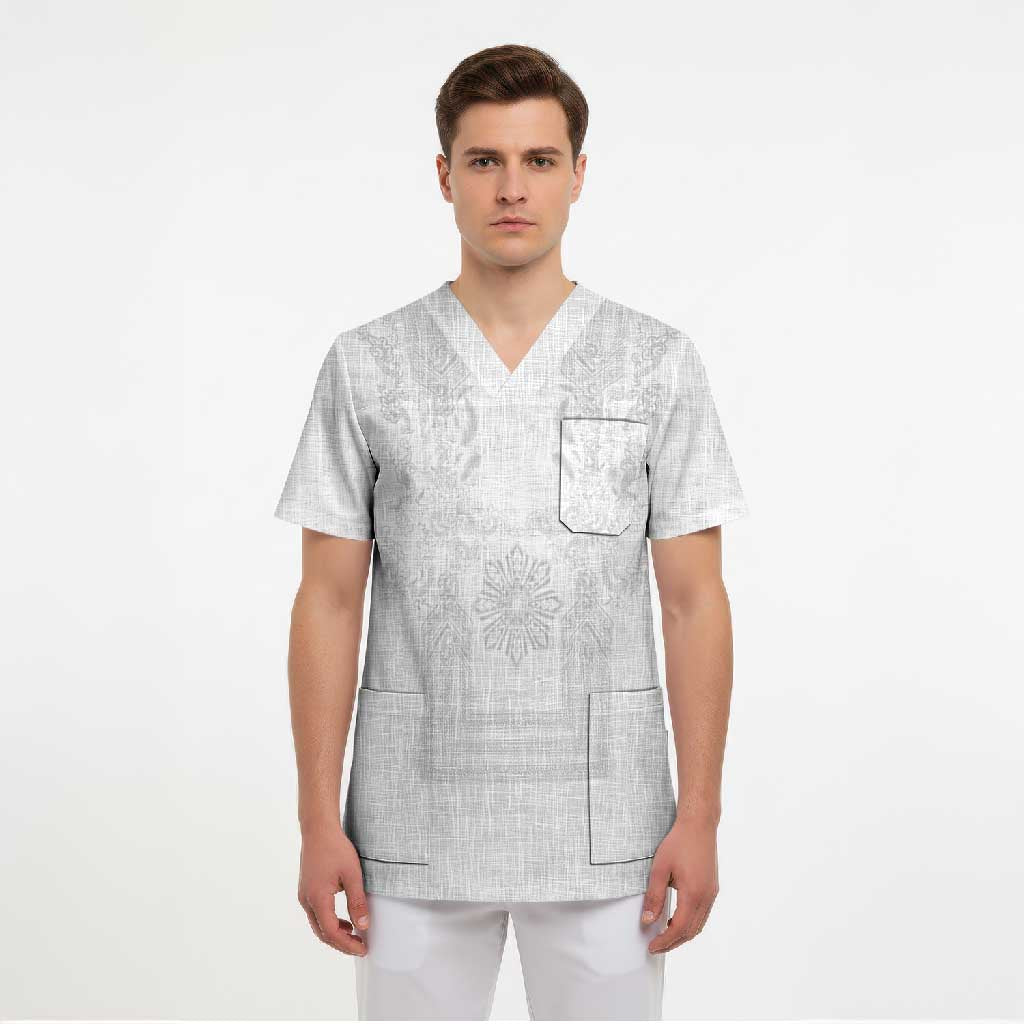 Philippines Barong Style Scrub Top with Polynesian Art and Leaf Motif White Color
