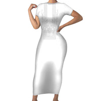 Philippines Barong Style Short Sleeve Bodycon Dress with Polynesian Art and Leaf Motif White Color LT03 Long Dress White - Polynesian Pride