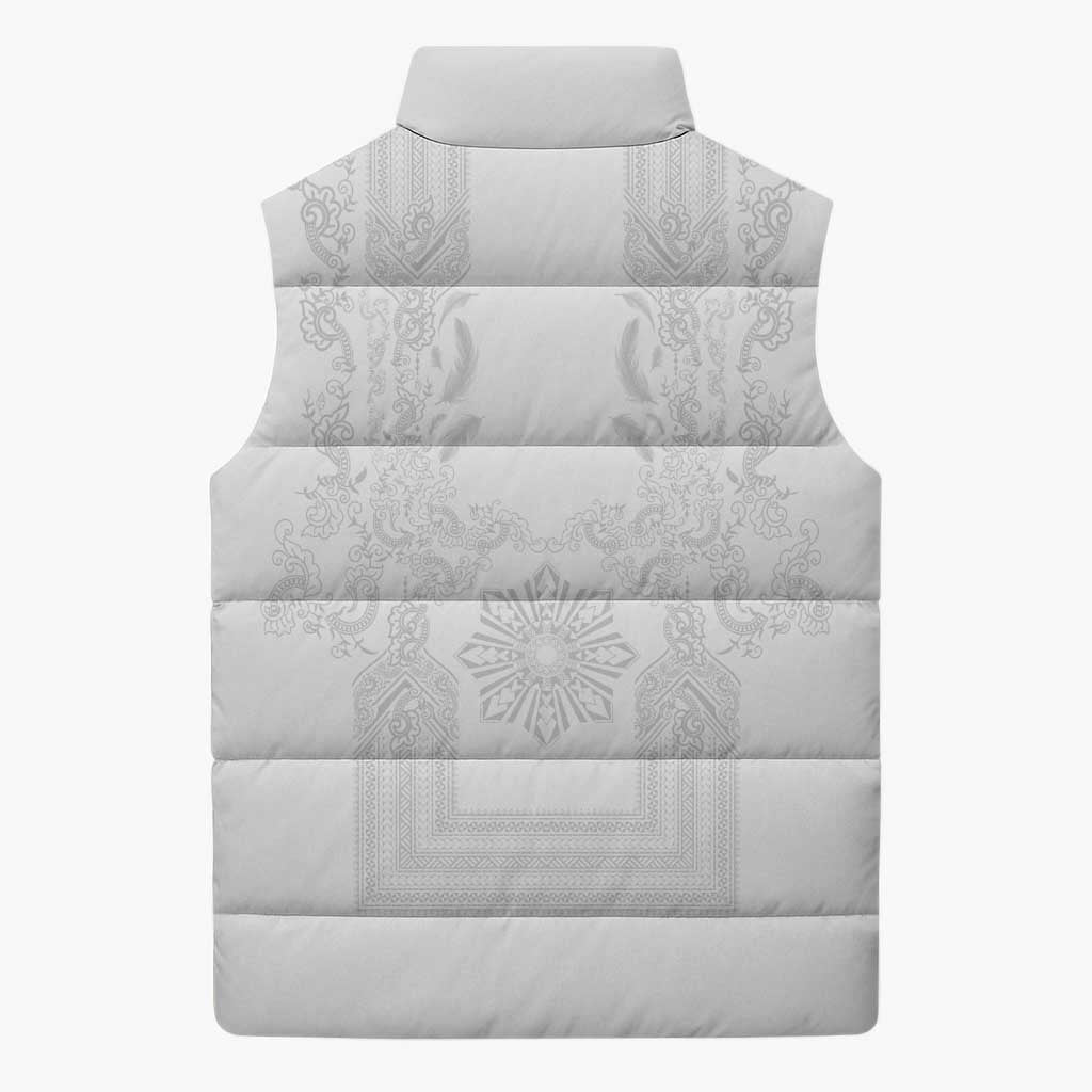Philippines Barong Style Sleeveless Puffer Jacket with Polynesian Art and Leaf Motif White Color