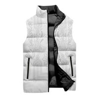 Philippines Barong Style Sleeveless Puffer Jacket with Polynesian Art and Leaf Motif White Color