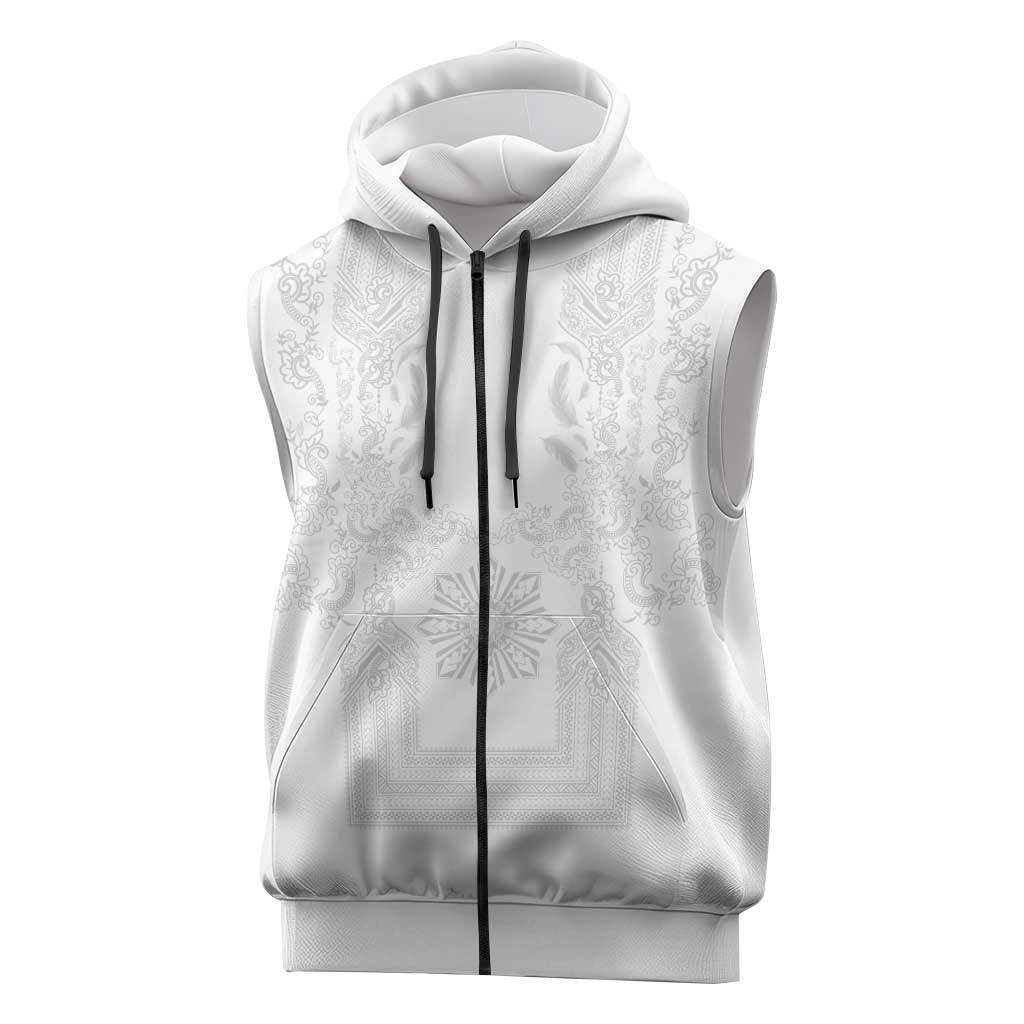 Philippines Barong Style Sleeveless Zip Hoodie with Polynesian Art and Leaf Motif White Color