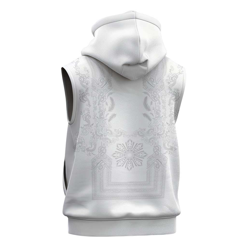 Philippines Barong Style Sleeveless Zip Hoodie with Polynesian Art and Leaf Motif White Color LT03 - Polynesian Pride