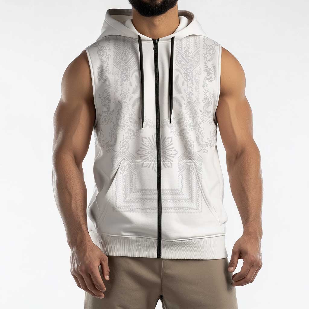 Philippines Barong Style Sleeveless Zip Hoodie with Polynesian Art and Leaf Motif White Color LT03 - Polynesian Pride