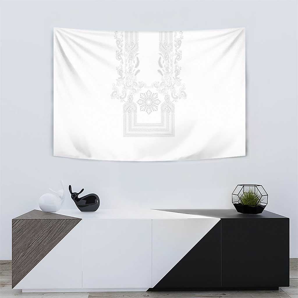 Philippines Barong Style Tapestry with Polynesian Art and Leaf Motif White Color
