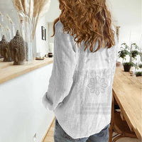 Philippines Barong Style Women Casual Shirt with Polynesian Art and Leaf Motif White Color
