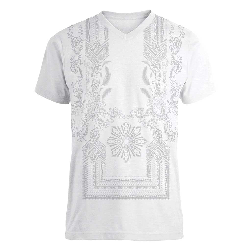 Philippines Barong Style Women V-Neck T-Shirt with Polynesian Art and Leaf Motif White Color LT03 Female White - Polynesian Pride