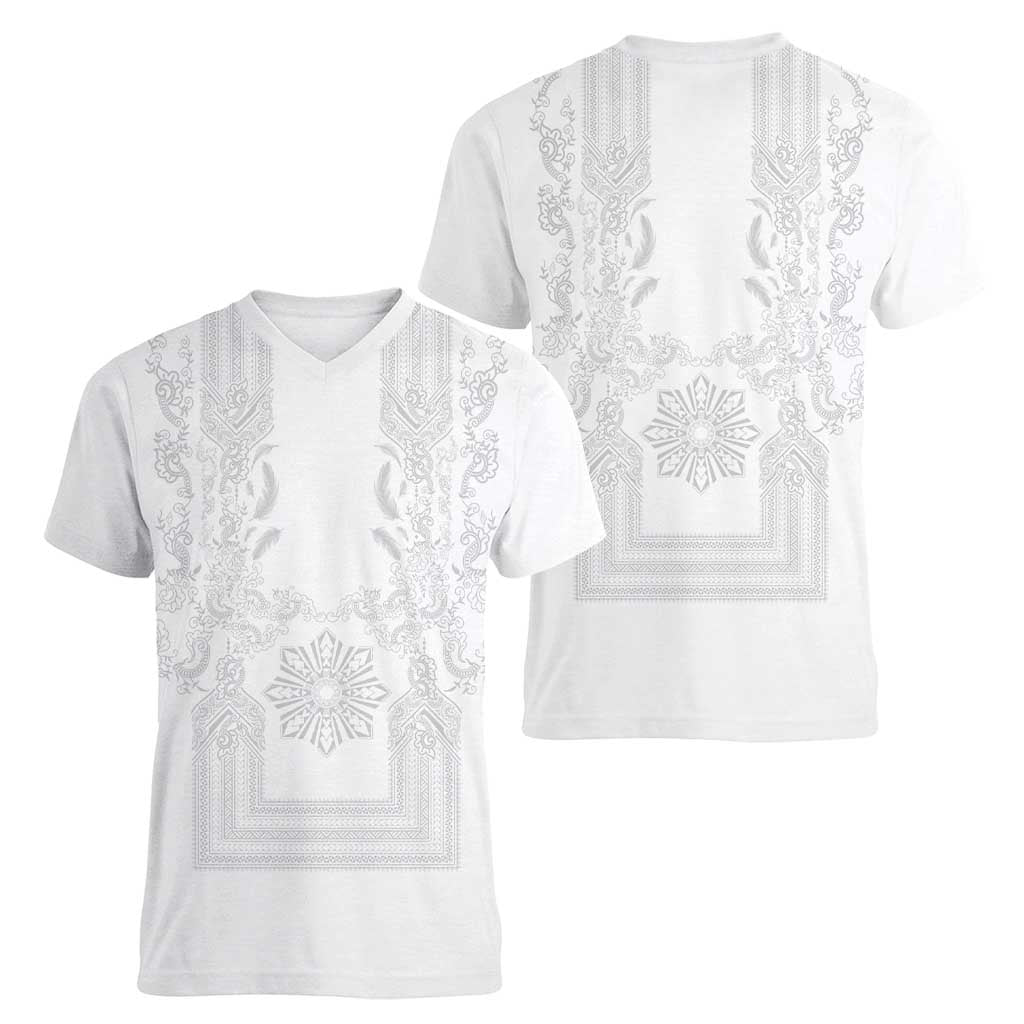 Philippines Barong Style Women V-Neck T-Shirt with Polynesian Art and Leaf Motif White Color LT03 - Polynesian Pride
