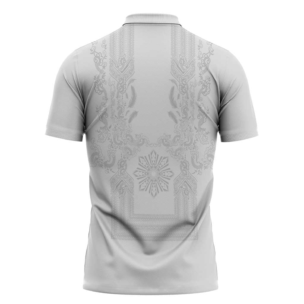 Philippines Barong Style Zipper Polo Shirt with Polynesian Art and Leaf Motif White Color